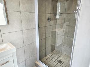 a shower with a glass door in a bathroom at Sea Breeze Manor - Aqua Unit in East London