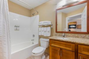 a bathroom with a toilet and a sink and a mirror at Candlewood Suites Indianapolis East by IHG in Indianapolis +47 photos