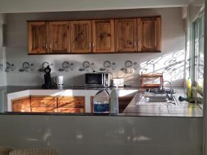 a kitchen with wooden cabinets and a counter top at STARALOGE in Pamandzi