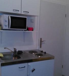 uma pequena cozinha com um lavatório e um micro-ondas em Habitat em Senaki