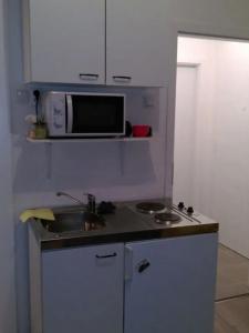 eine kleine Küche mit einer Spüle und einer Mikrowelle in der Unterkunft Habitat in Senaki