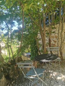 2 chaises et une table sous un arbre dans l'établissement Dendrocopos Medius, à Arnaia