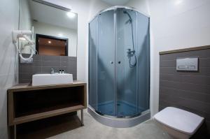 W łazience znajduje się szklana kabina prysznicowa i umywalka. w obiekcie Jurajski Kryształ w mieście Zaborze
