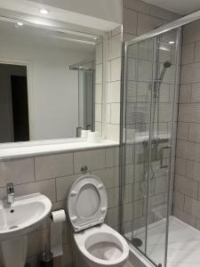 a bathroom with a shower and a toilet and a sink at Charming 2-Bed Apartment in Salford newly built in Manchester