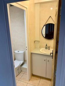 a bathroom with a toilet and a sink and a mirror at Maison Okaina, Sauna, Au centre-ville de Macon in Mâcon