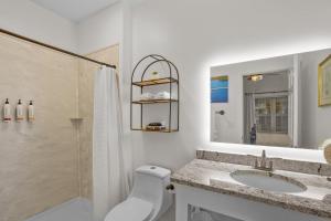 a bathroom with a toilet and a sink and a shower at Little Inn on Main in Washington