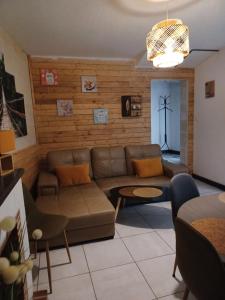 un salon avec un canapé et une table dans l'établissement le gîte le CAMÉLIA, à Saint-Aignan