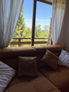 a couch in front of a window with a view at House Blanka,kuća za odmor in Skrad