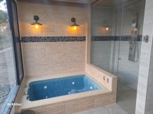 eine Badewanne im Bad mit Dusche in der Unterkunft Los Ocobos Libano Tolima - Suite, Hostal y Restaurante in Líbano