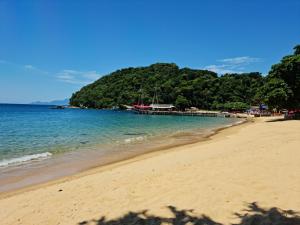 a beach with the ocean and a bunch of trees at Pousada Do Pedrão in Praia de Japariz 