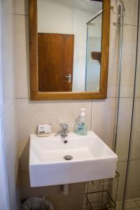 a bathroom with a white sink and a mirror at Nature's Valley Health Retreat A Hide away in the Forest in Natureʼs Valley