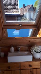 a bathroom with a sink and a window at House Blanka,kuća za odmor in Skrad