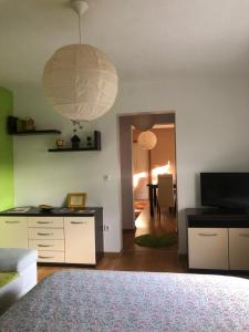 een kamer met een bed, een televisie en een woonkamer bij Apartment Incognito in Sarajevo