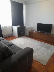 een woonkamer met een bank en een flatscreen-tv bij Victoria Apartment Luxury in Târgu Jiu