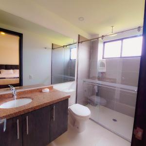 a bathroom with a toilet and a shower and a sink at La Isabella Deluxe in Mosquera