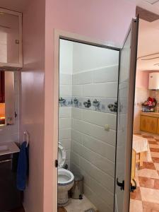 a bathroom with a toilet and a glass shower door at Luxurious appartement in Oujda