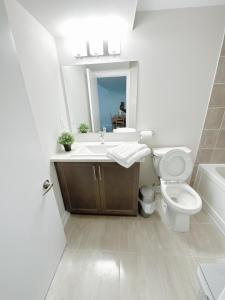 een badkamer met een wastafel, een toilet en een spiegel bij Beautiful entire basement with Netflix in Stittsville