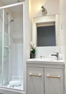 ein Bad mit einem Waschbecken, einer Dusche und einem Spiegel in der Unterkunft 2067 - Elegant home in Trocadéro Olympic Games 2024 in Paris