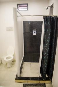 ein Bad mit einer Dusche und einem WC in der Unterkunft Fh departamentos in La Rioja