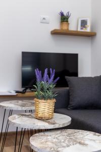 a living room with two tables with purple flowers at M&A Apartmani in Vrdnik