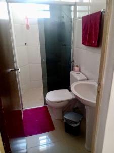 a bathroom with a toilet and a sink and a shower at Apartamento para Temporada, sem vaga de garagem! in Belo Horizonte