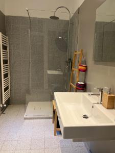 ein Bad mit einer Dusche und einem weißen Waschbecken in der Unterkunft CASA 1903 in Triest