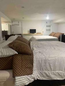 a bedroom with two beds and a table with a television at Studio by New York Harbor in Saint George