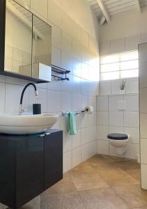 a bathroom with a sink and a toilet at Pura Vida Aruba Appartement Palma in Noord