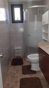 a bathroom with a shower and a white toilet at Ecobosque y cabañas in Paredones