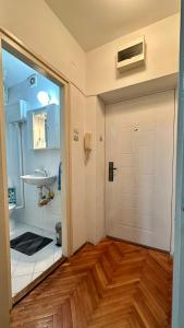 La salle de bains est pourvue d'une porte blanche et d'un lavabo. dans l'établissement Apartman Moon, à Belgrade