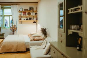 Posteľ alebo postele v izbe v ubytovaní Apartmán v Jungovom dome - v centre Štiavnice