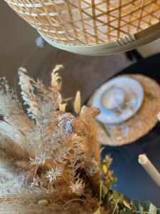 a bird sitting in a basket on a table at Skandinavisk City-lejlighed! in Odense