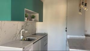 uma cozinha com um lavatório e armários verdes em Casa da Ilha Granjal Treixedo 