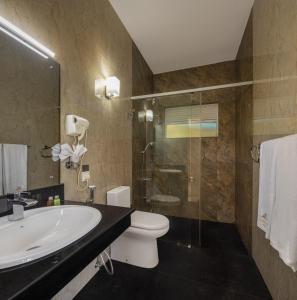 a bathroom with a sink and a toilet and a shower at Hotel Cassendra in Kandy