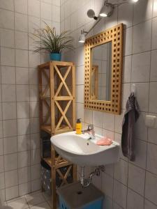 a bathroom with a sink and a mirror at Wohnung Sonnenschein Wolgast in Wolgast