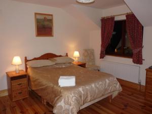 ein Schlafzimmer mit einem Bett mit zwei Nachttischen und zwei Lampen in der Unterkunft Macreddin Rock Bed & Breakfast in Aughrim