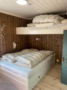 two bunk beds in a room with wooden walls at Solrik og flott hytte i Havsdalen in Geilo