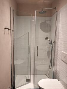 y baño con ducha de cristal y aseo. en Agli Olivi di Marciano, en Siena