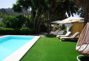 Hotel Rural Villa del Monte في سانتا بريخيذا: مسبح بكراسي ومظلة