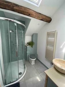 a bathroom with a glass shower and a toilet at Stylish 3 bedroom apartment in historic city centre building in Sheffield