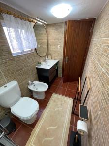 a bathroom with a toilet and a sink and a mirror at Casa do Terreiro in São João de Tarouca