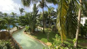 een luchtzicht op een zwembad met palmbomen bij On Vacation Blue Cove in San Andrés