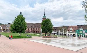 a large building with a fountain in front of it at Sunny Freudenstadt in Freudenstadt