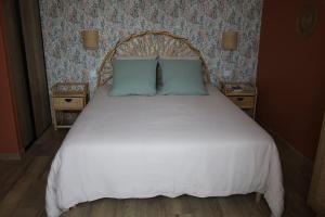 a bedroom with a white bed with two blue pillows at Gîte 4 étoiles avec SPA privatif in Méaulte