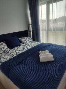 a blue bed with two blocks of soap on it at Błękitne zacisze in Gdańsk
