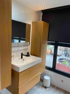 een badkamer met een wastafel, een spiegel en een raam bij Loft sur les toits de Roubaix in Roubaix