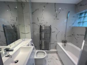 a bathroom with a sink and a toilet and a tub at Luxurious apartment in Central London in London