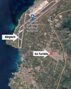 eine Karte der ungefähren Lage des Flughafens in der Unterkunft Da Turiddu - Aeroporto Falcone Borsellino in Cinisi