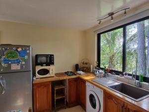a kitchen with a refrigerator and a sink and a window at Fare alizés in Mahina
