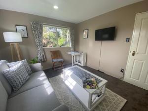 uma sala de estar com um sofá e uma televisão em The Ground Floor Guest Suite em Dunedin